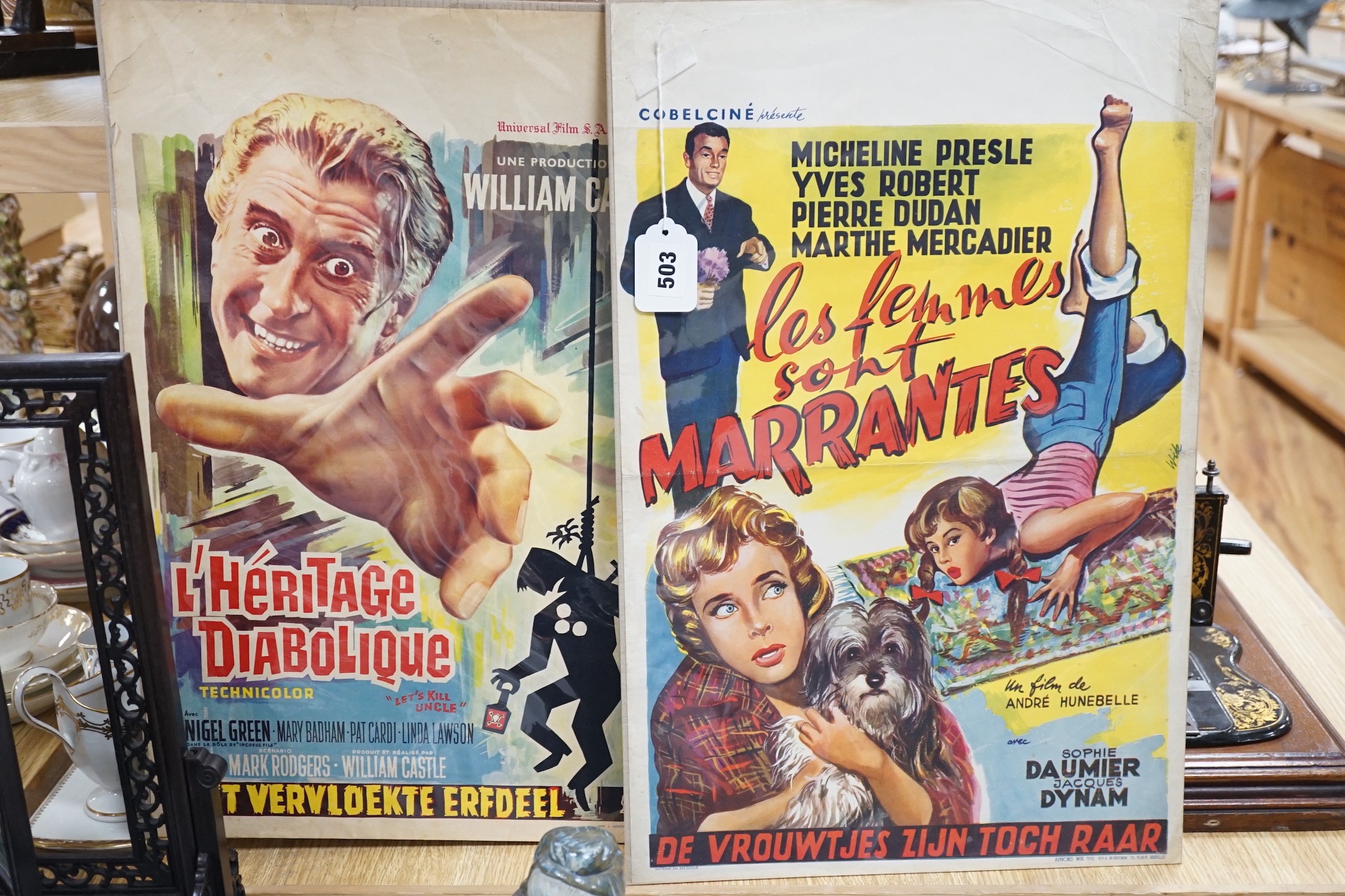 Two French film posters- 1958 ‘Les Femmes sont marrantes’, 1966 ‘‘l'heritage diabolique’, 55cms x 35cms